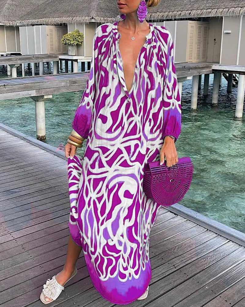 V-Neck Loose Long Sleeve Print Dress