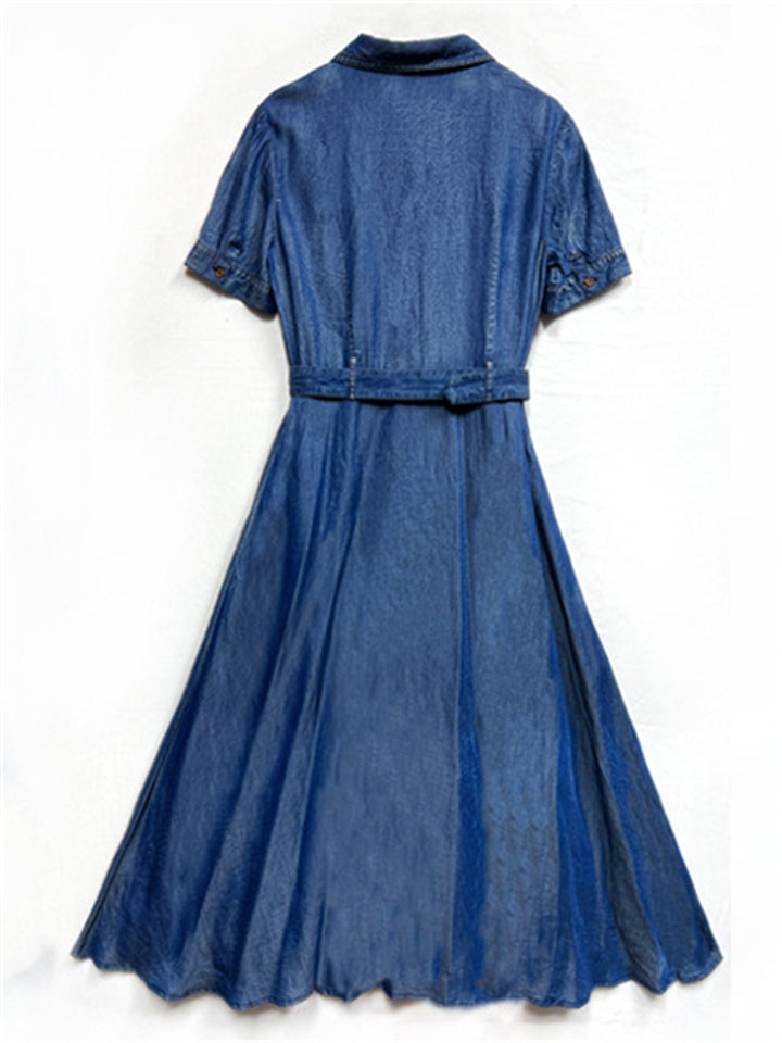 Orange Leaf Embroidery Lapel Button Blue Denim Dress