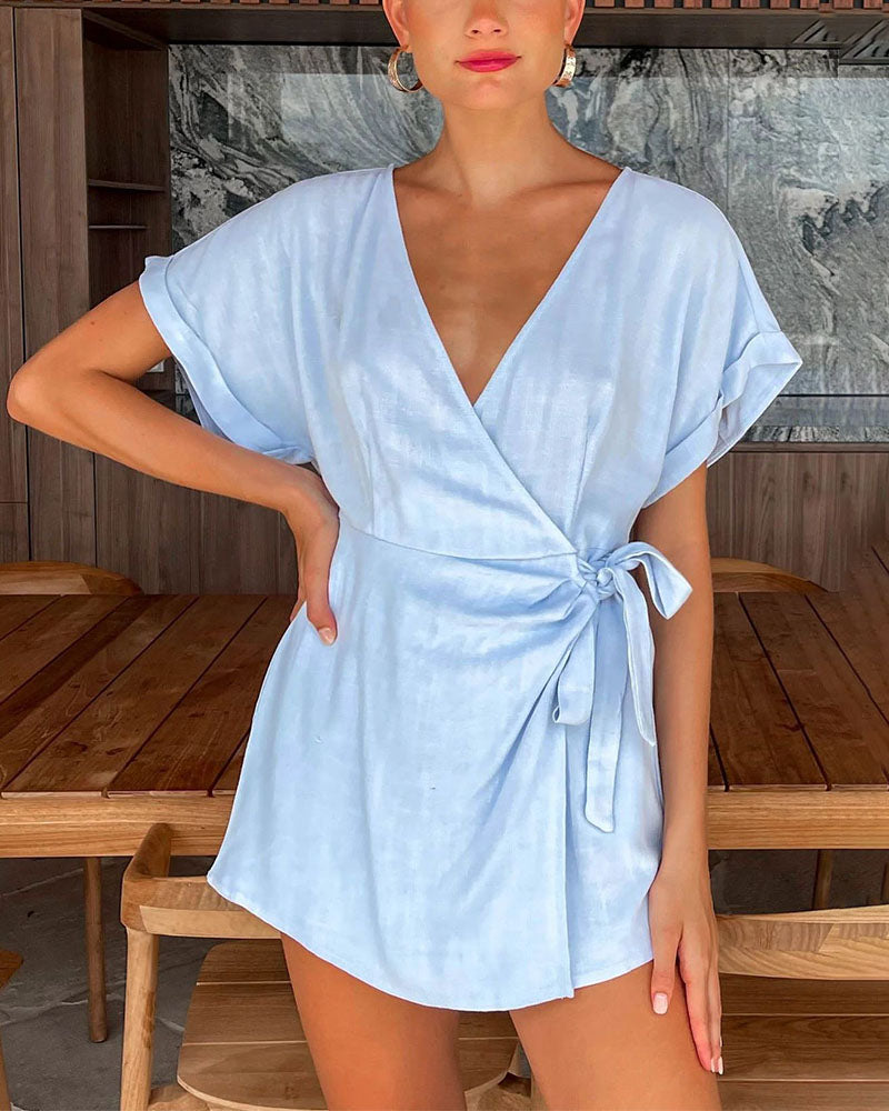 Cotton Linen V Neck Tie Jumpsuit Shorts