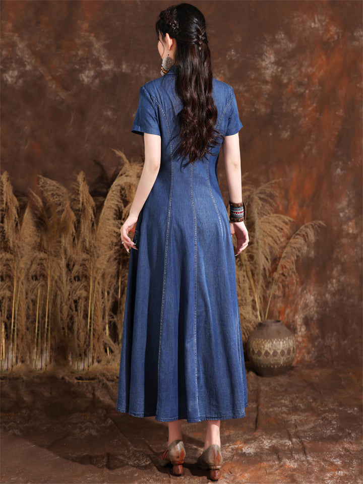 Women's Ethnic Style Hand-Embroidered A-Line Blue Denim Dress