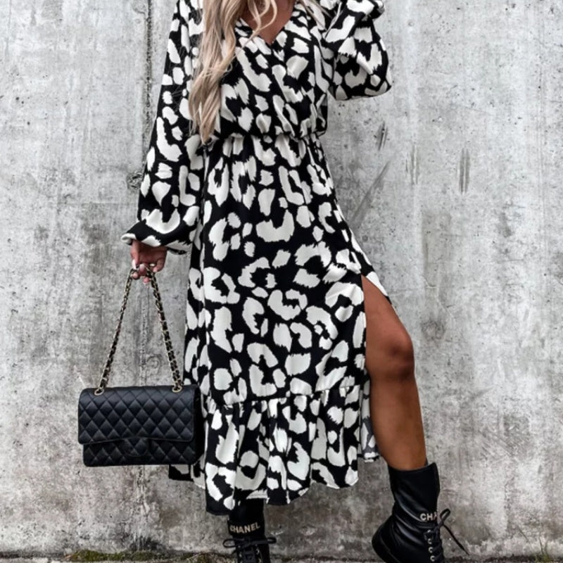 Ivyshape | Season Leopard Print Long Sleeve Slit Dress