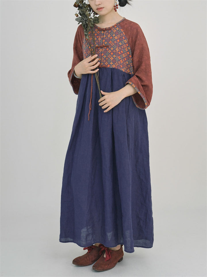 Women's Song Dynasty Hanfu Red & Blue Print Dress with Tassel Button