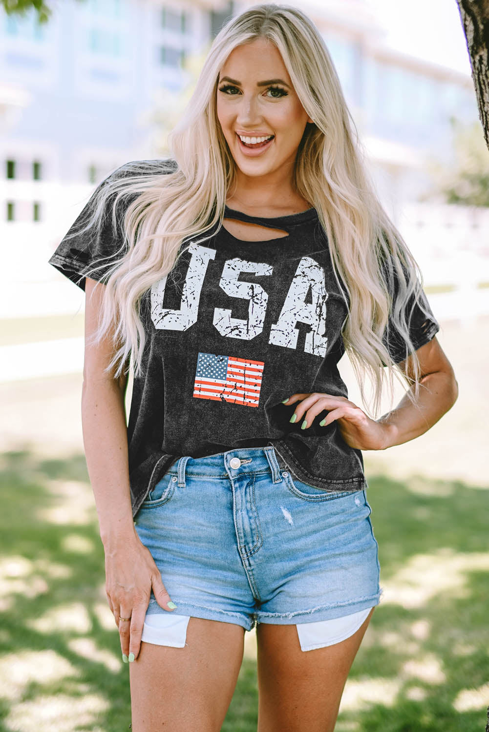 Ivyshape | Usa Cutout Round Neck Short Sleeve T-Shirt