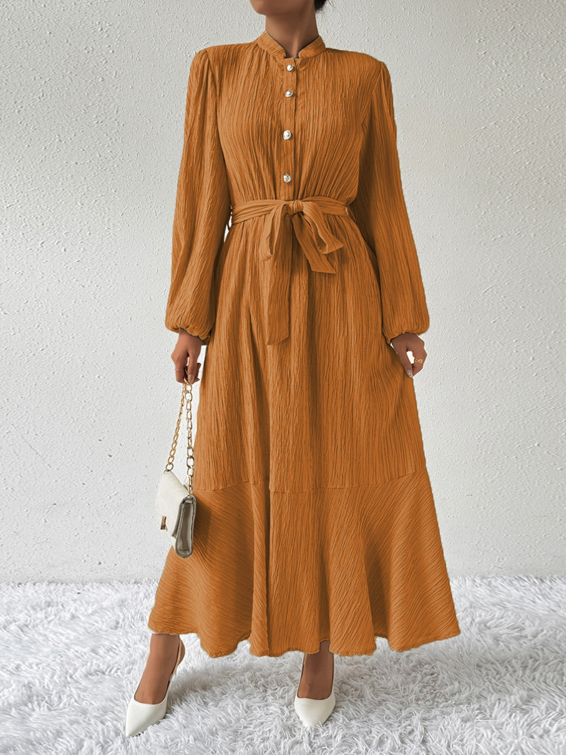 Ivyshape | Tie Waist Long Sleeve Dress