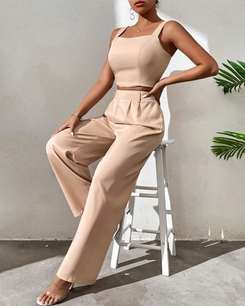 suspender top wide leg pants set