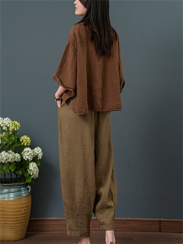 Female Cozy Linen V Neck Short Sleeve Shirt + Casual Pants Outfits