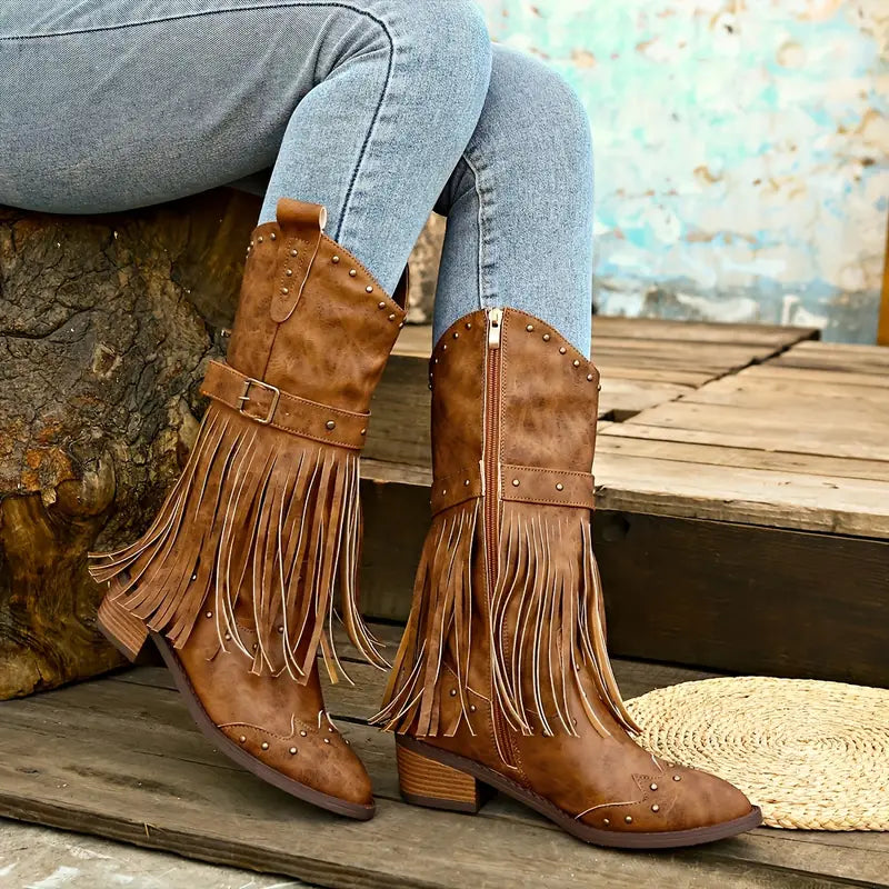 Ivyshape | Women's boots with fringe decor and thick heel