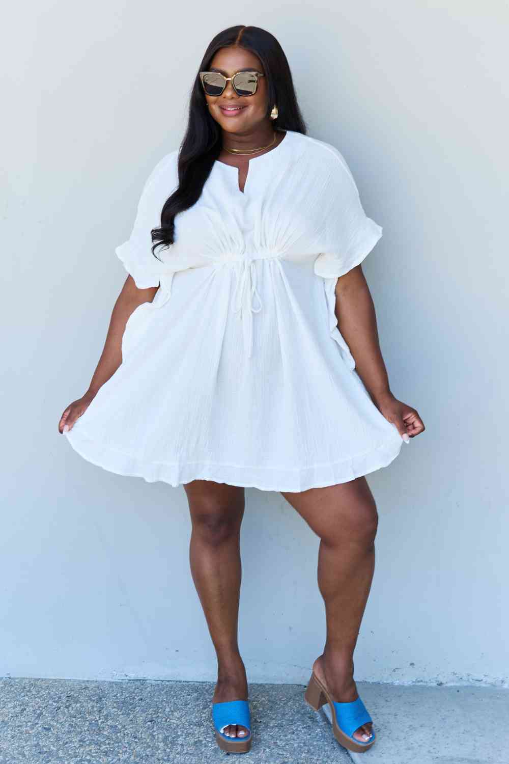 Ninexis Out Of Time Full Size Ruffle Hem Dress with Drawstring Waistband in White