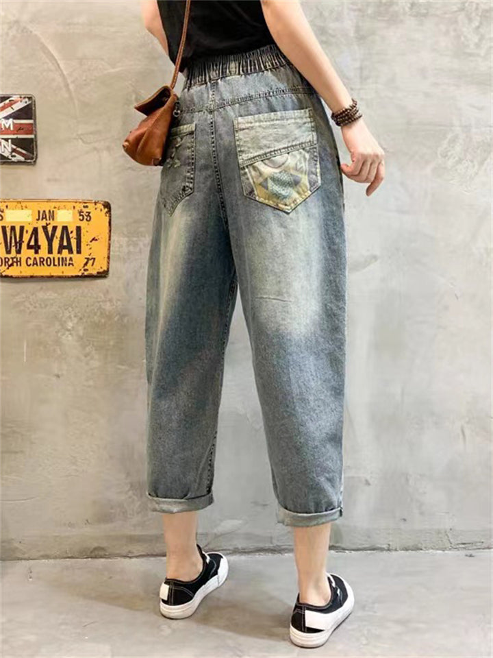 Female Ethnic Style Embroidery Patch Elastic Waist Denim Pants