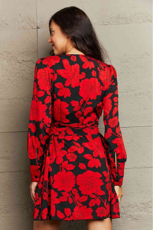 Floral Print Surplice Neck Tie Waist Dress