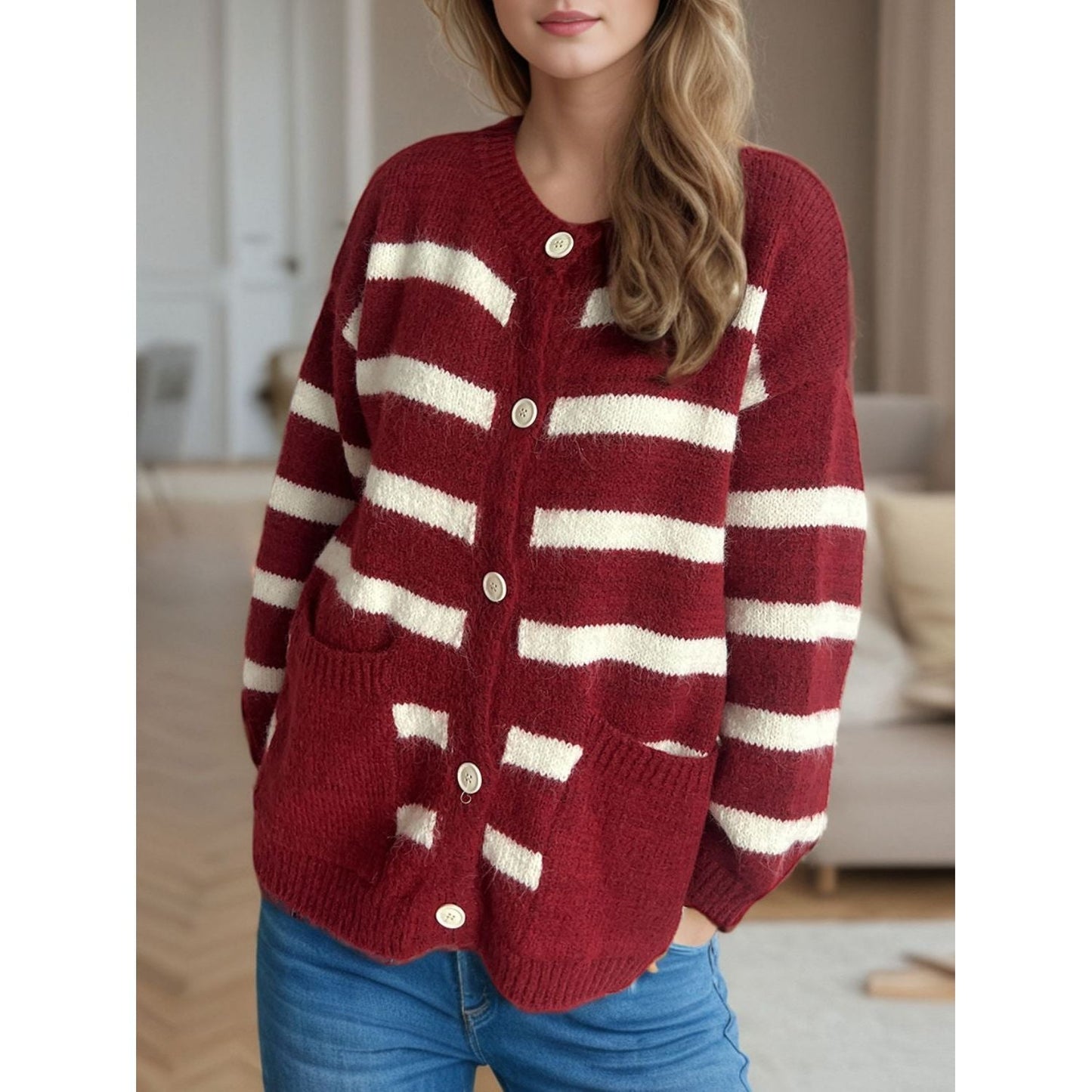 Ivyshape | Sleek Striped Button-Down Cardigan for Women