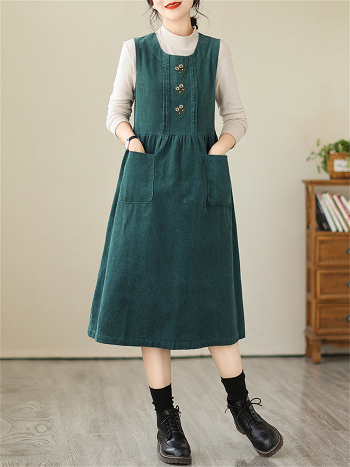 Retro Daisy Embroidery Mid-Length Corduroy Dress