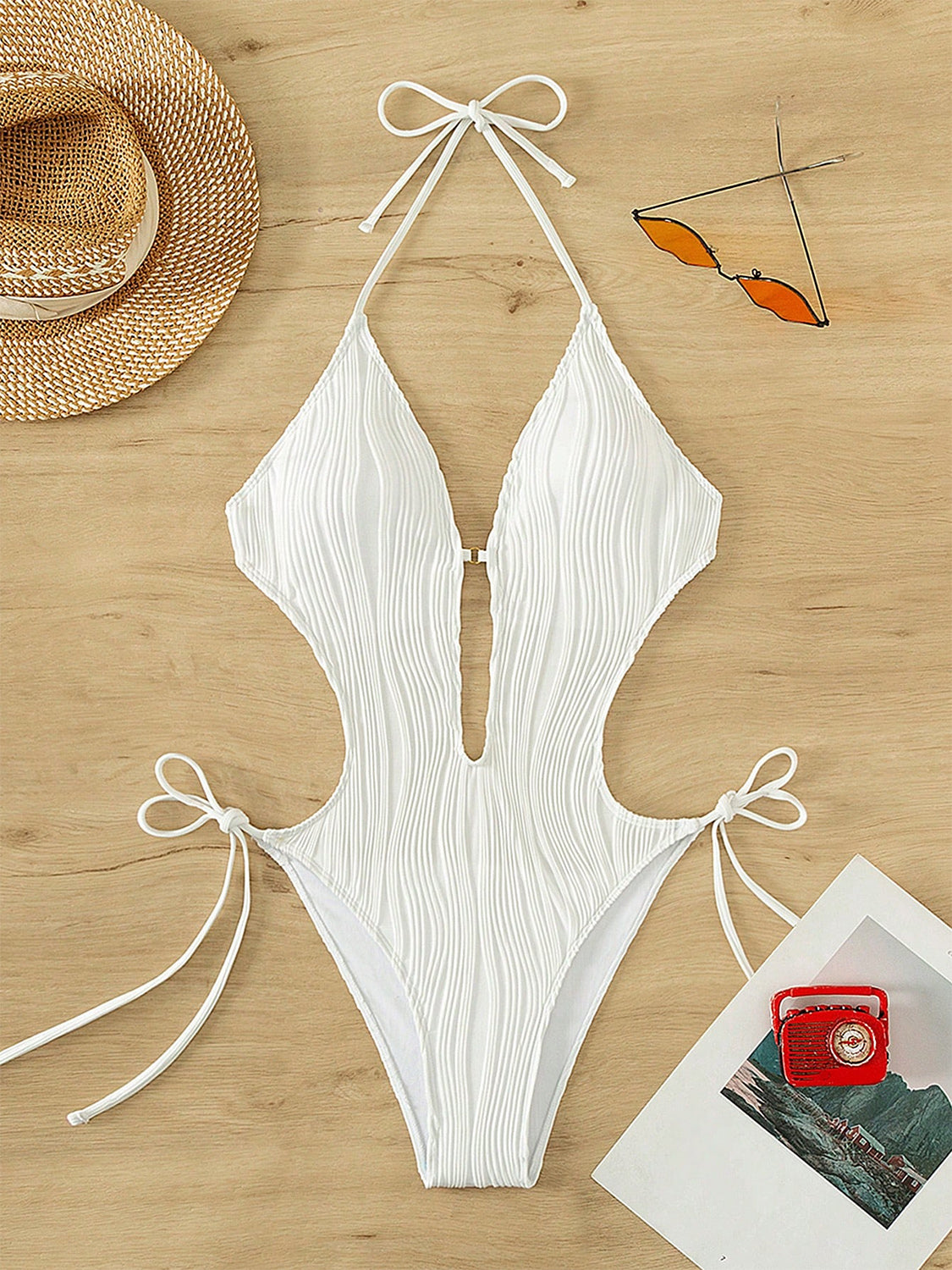 Ivyshape | Textured Cutout Tied One-Piece Swimwear