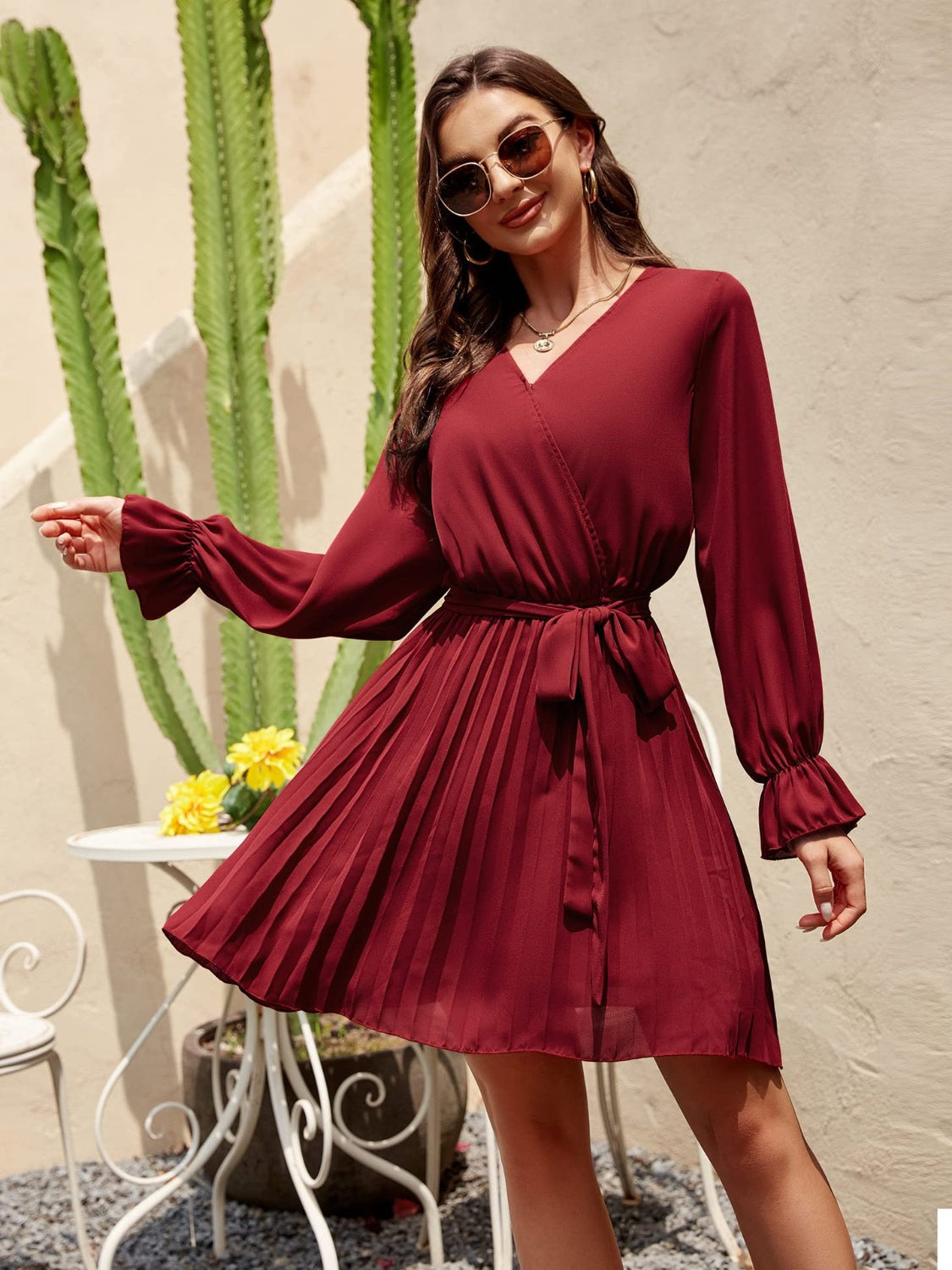 Ivyshape | Surplice Flounce Sleeve Pleated Mini Dress