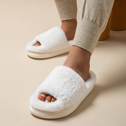 Cozy Fur Peep Toe Slippers for Women