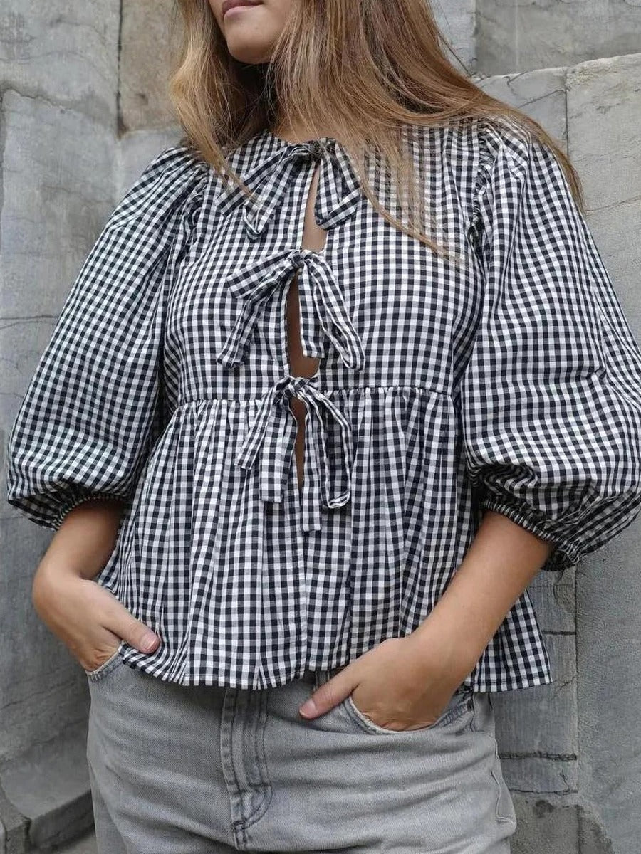 Stylish Printed Plaid Tie Shirt for Women