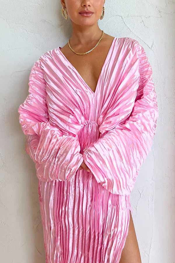 Sculpturally Luxurious Kimono Sleeve Pleated Cocoon Maxi Dress