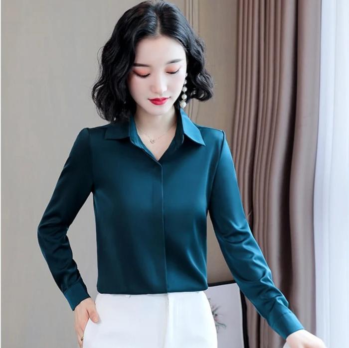 Elegant Satin Long-Sleeve Office Shirt for Women