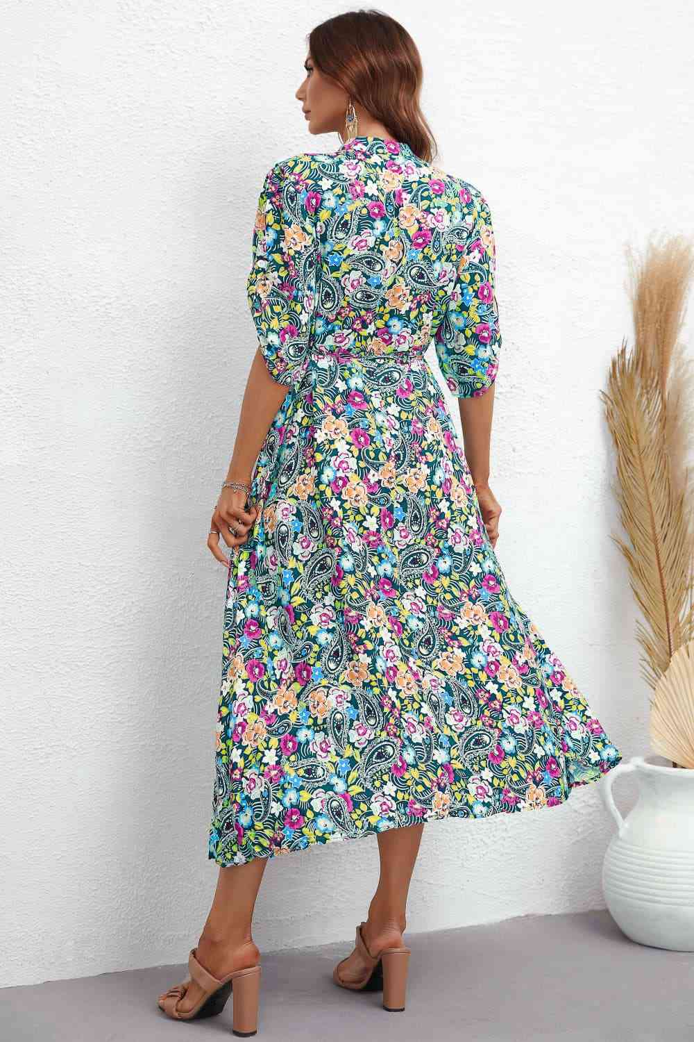 Floral Notched Neck Half Sleeve Dress