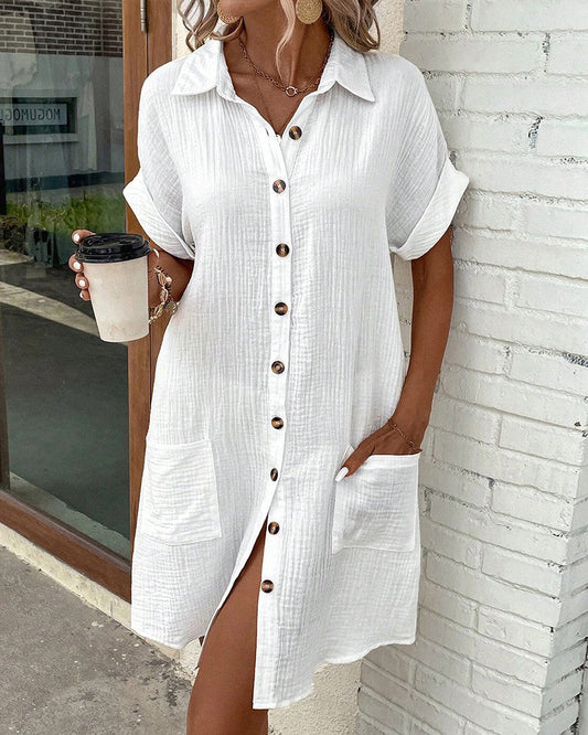 Ivyshape | Shirt Dress with Short Sleeves and Pockets with Button Closure