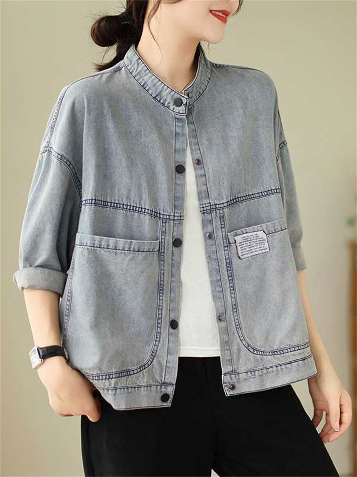 Light Blue Stand Collar Patch Pocket Short Denim Jacket