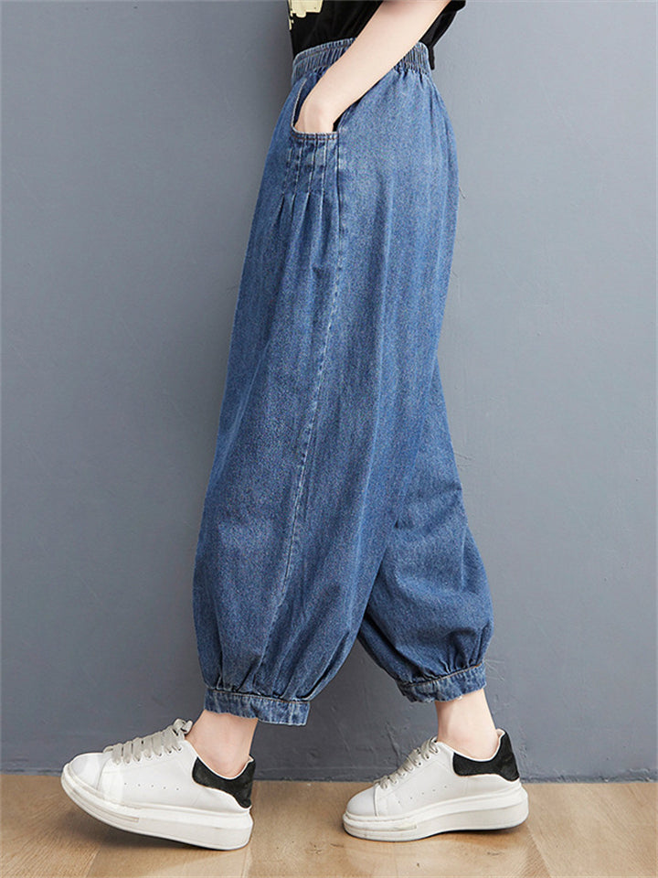 Casual Loose Blue High Waist Harem Jeans for Women