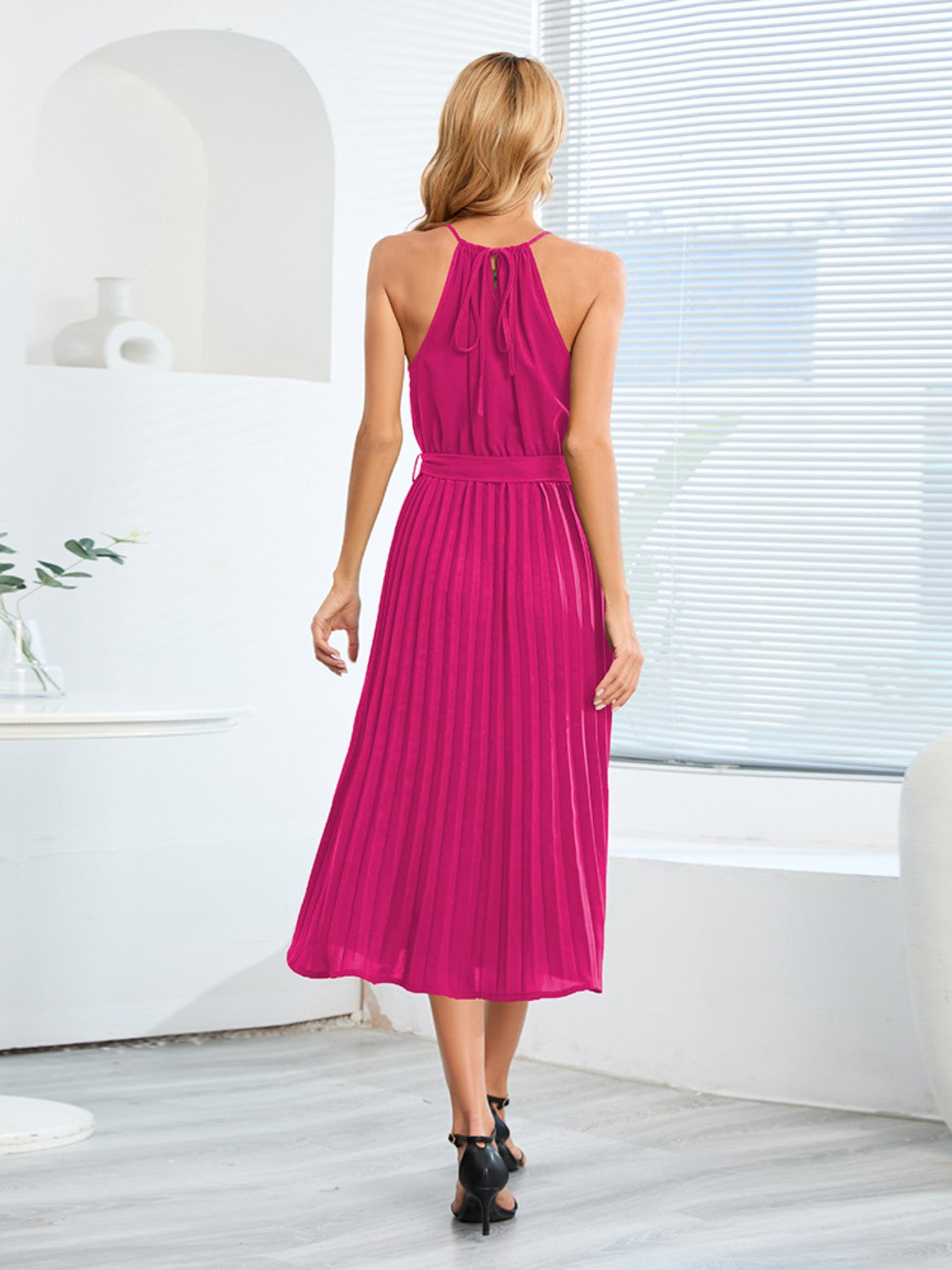 Ivyshape | Pleated Spaghetti Strap Tie Waist Midi Dress