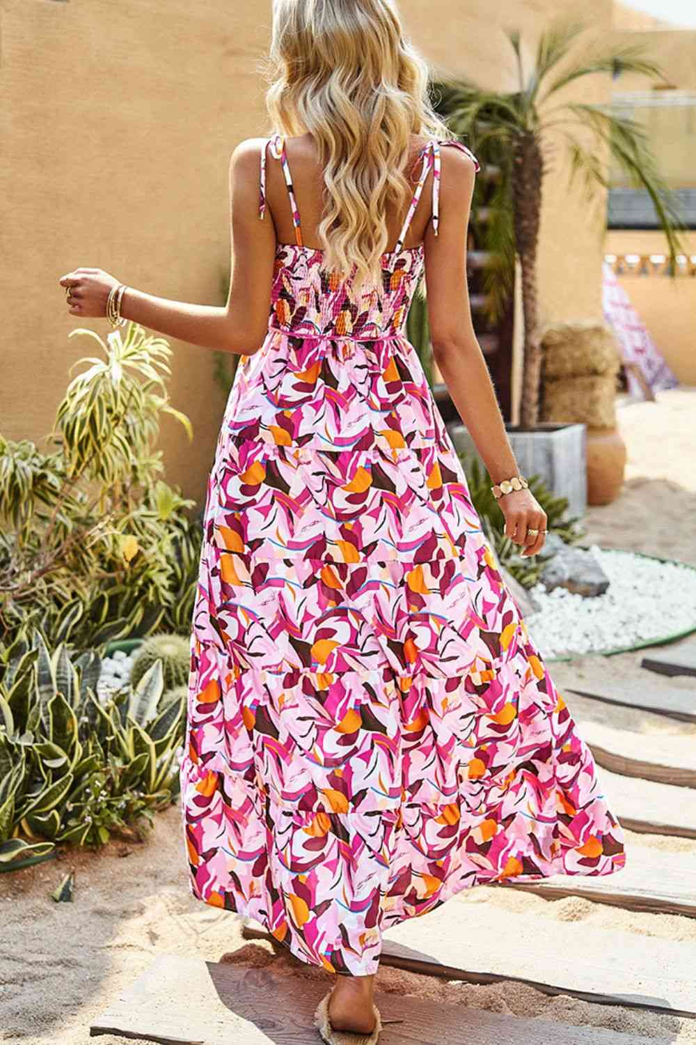 Printed Tie-Shoulder Smocked Maxi Dress