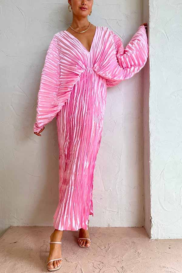 Sculpturally Luxurious Kimono Sleeve Pleated Cocoon Maxi Dress