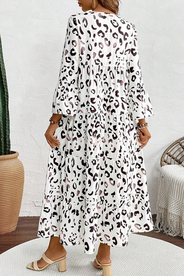 Ivyshape | Leopard Print Notch V-Neck Loose Fit Maxi Dress