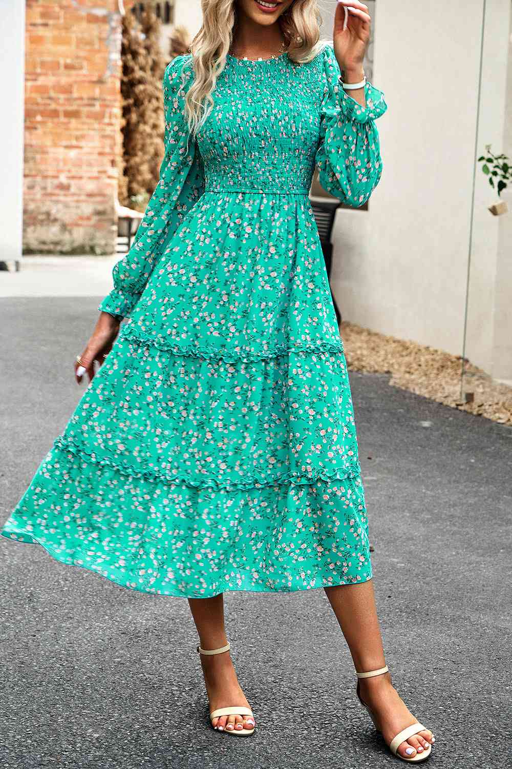 Smocked Flounce Sleeve Midi Dress