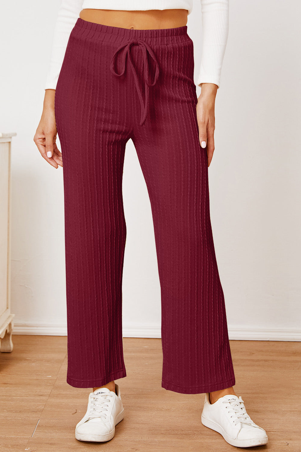 Ivyshape | Textured Elastic Waist Straight Pants