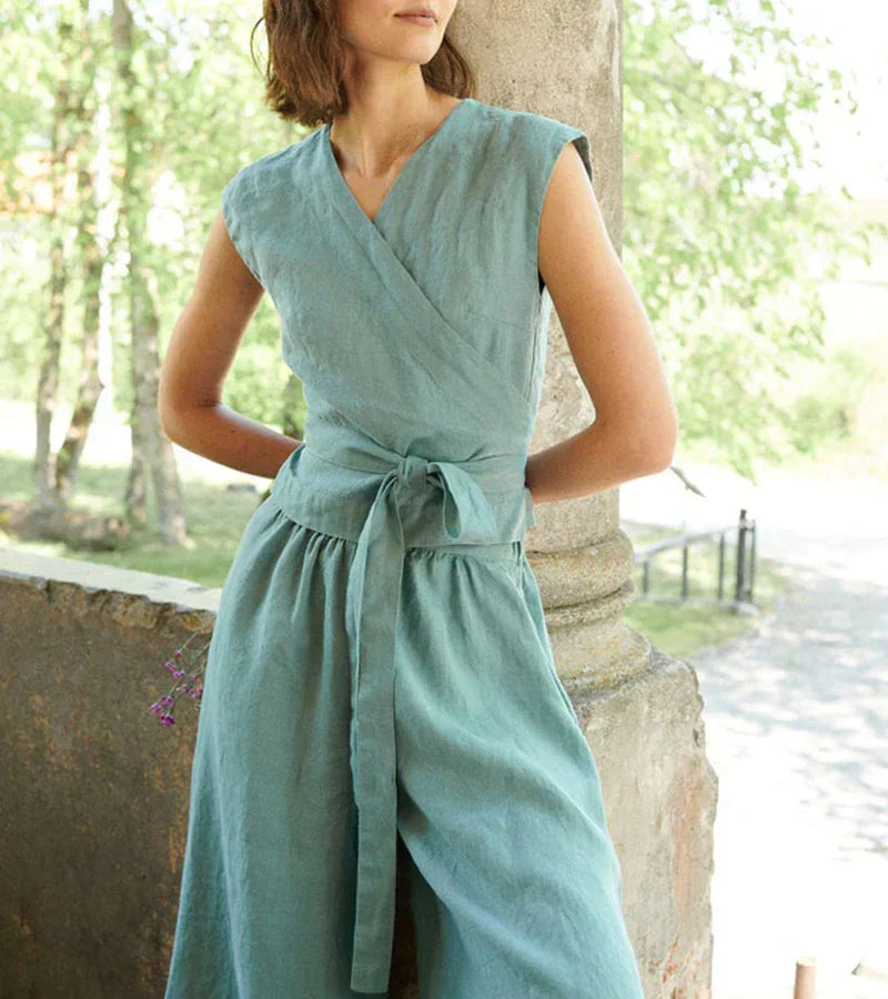 V Neck Wrap Top With Wide Leg Pants