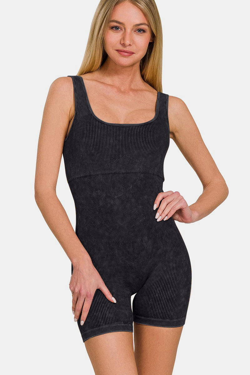 Ivyshape | Zenana Washed Ribbed Romper with Pad