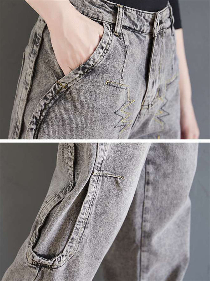 Trend Wavy Line Embroideried Grey Harem Jeans for Women