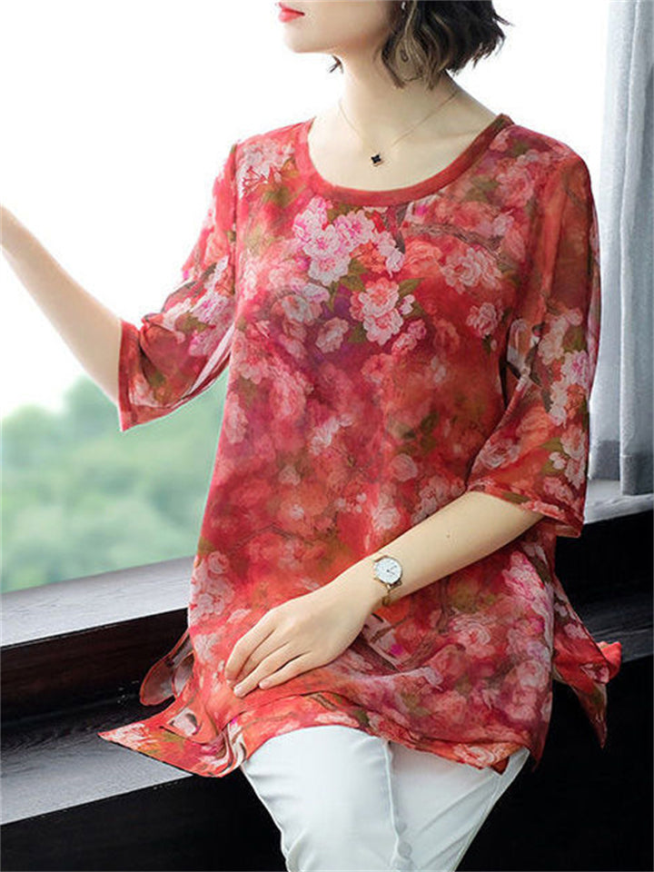 O-neck Floral Loose Chiffon Shirts