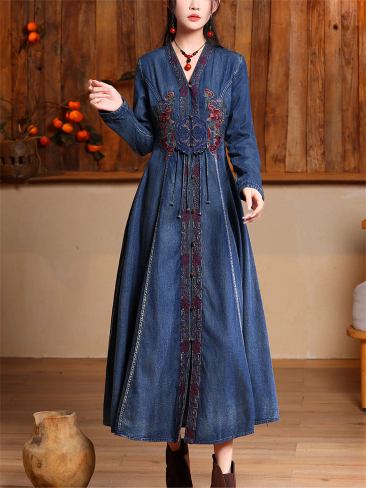 Chic Embroidery Single Breasted Mid-Length Denim Dress