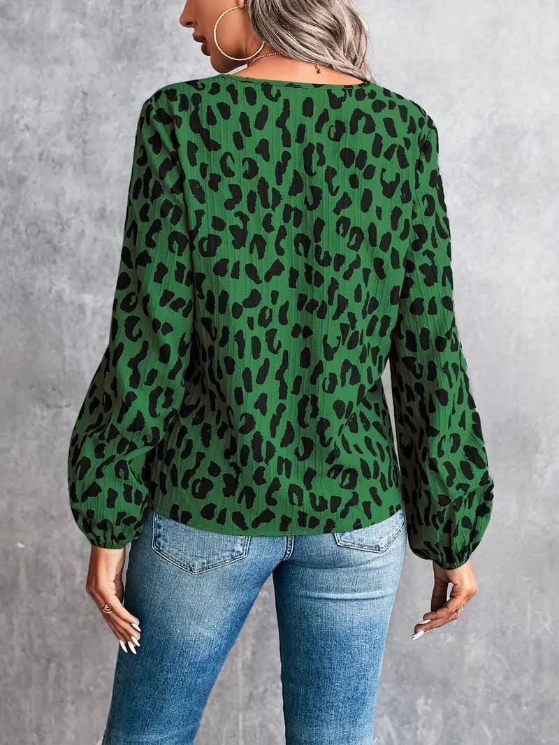 Ivyshape | V-Neck Blouse with Leopard Print for Women