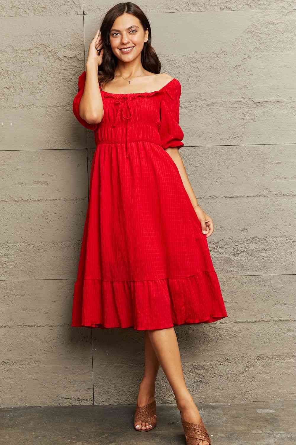 Ruffle Trim Square Neck Midi Dress