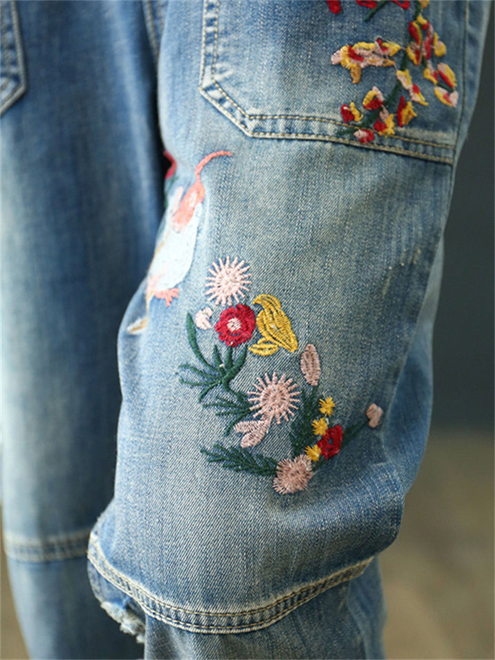 Vintage Splicing Bird Floral Embroidery Women's Ripped Jeans