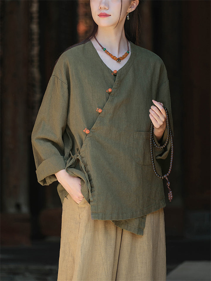 Spring V Neck Long Sleeve Soft Linen Shirt for Women