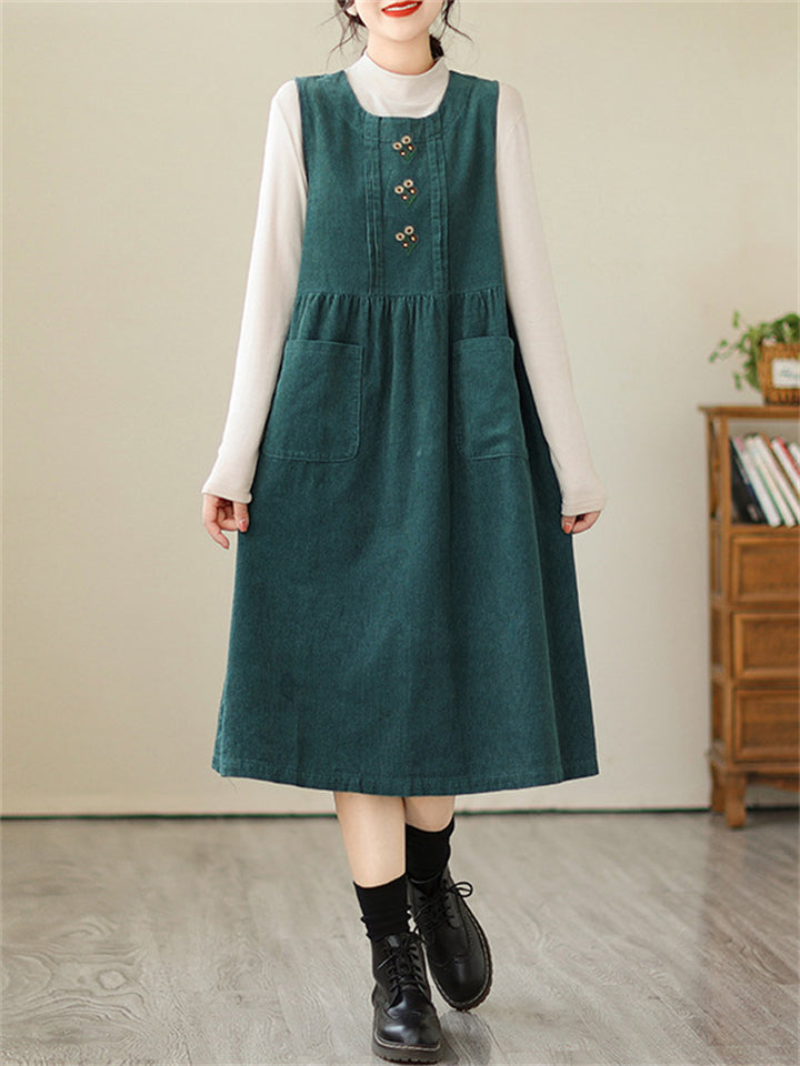 Retro Daisy Embroidery Mid-Length Corduroy Dress