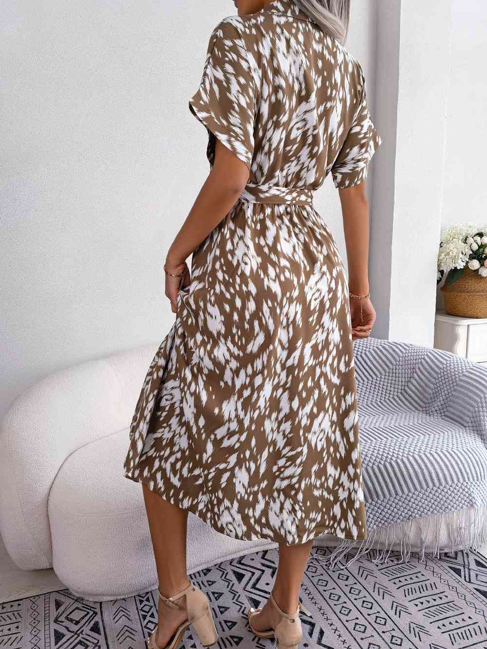 Printed Collared Neck Short Sleeve Tie Waist Dress