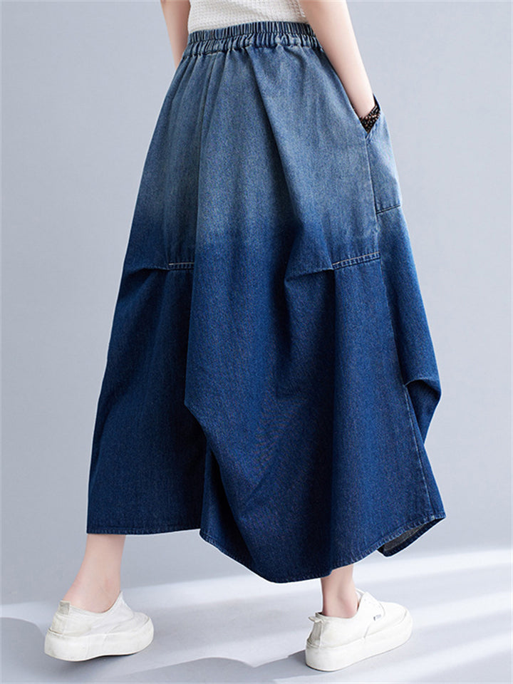 Women's Gradient Color Elastic Waist A-line Denim Skirts