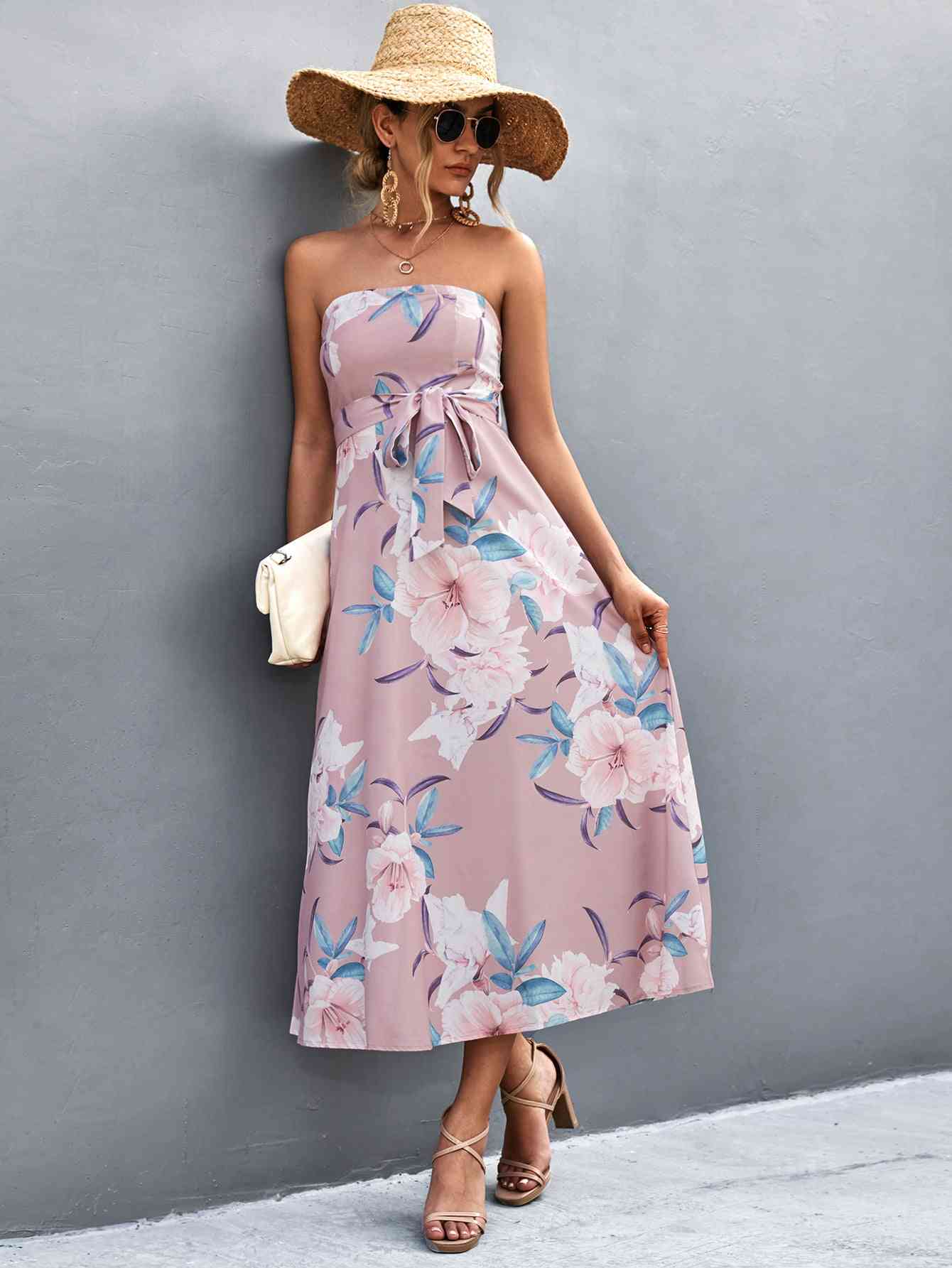 Floral Print Tie Waist Straight Neck Midi Dress