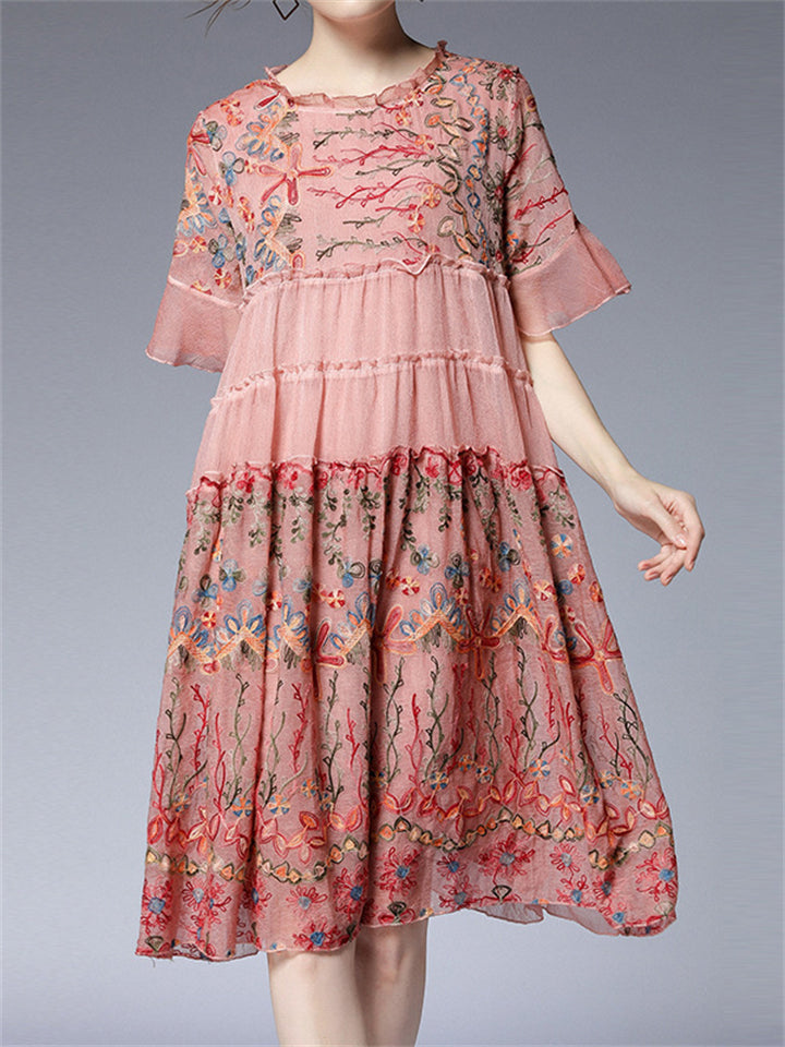 Women's Flare Sleeve Ruffled Floral Embroidered Dresses