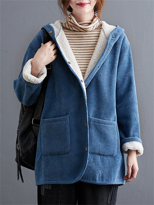 Winter Keep Warm Plush Lining Corduroy Hooded Coat