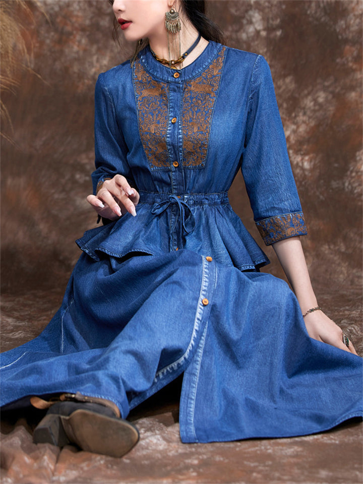 Female Elegant Lace-up Spring Summer 3/4 Sleeve Denim Dress