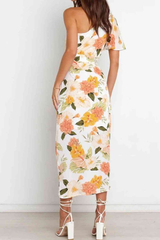 Floral One-Shoulder Tied Tulip Hem Dress