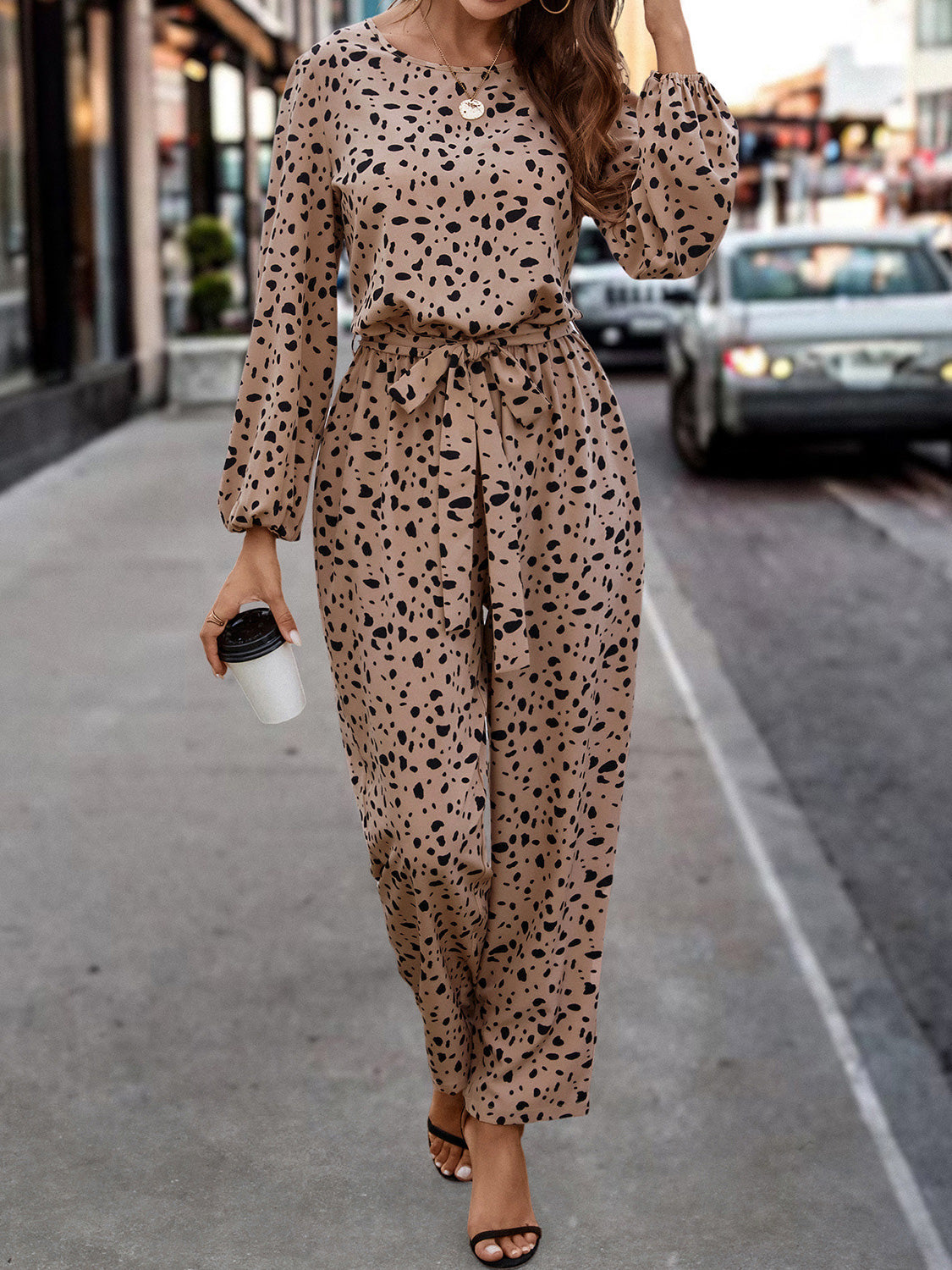 Ivyshape | Leopard Tie Front Balloon Sleeve Jumpsuit